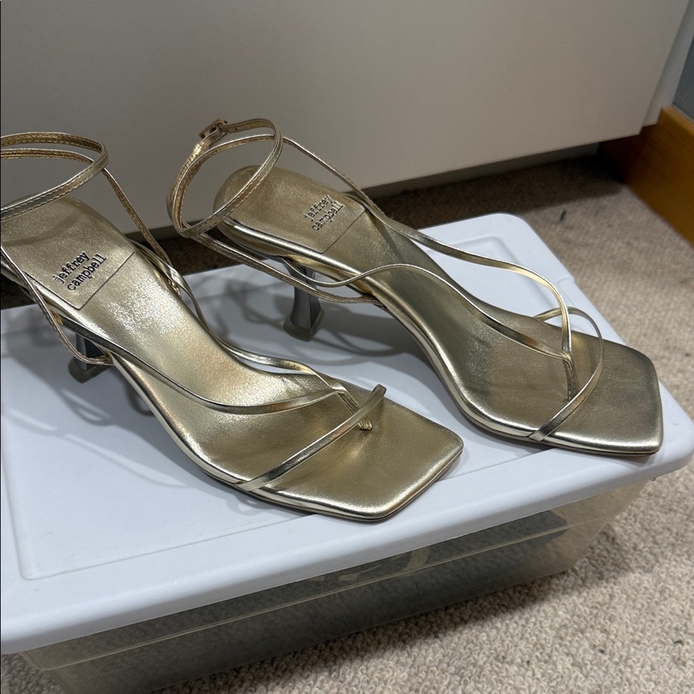 Jeffrey Campbell Metallic Gold Strappy Square-Toe Heels